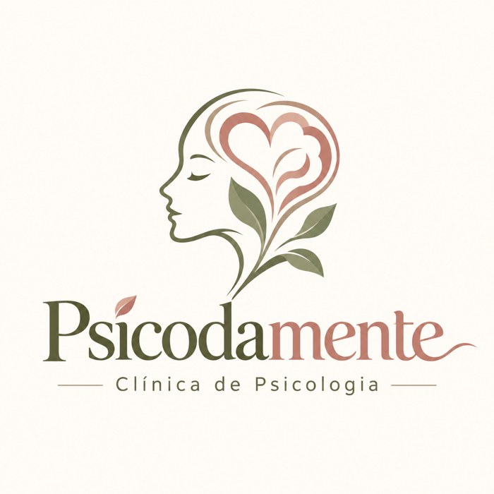 Logo da Clínica Psicodamente: perfil feminino com coração e folhas